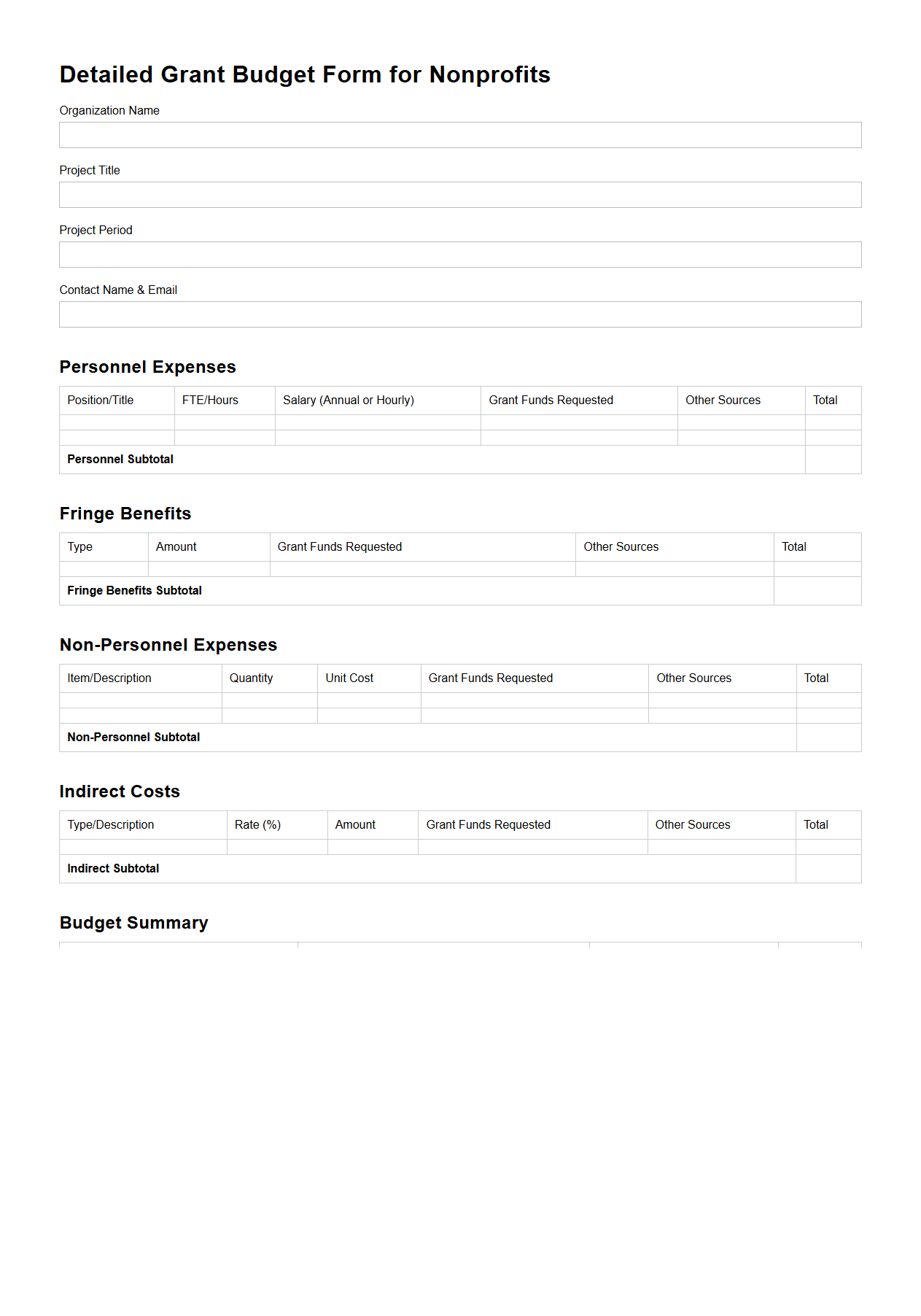 Detailed Grant Budget Form for Nonprofits