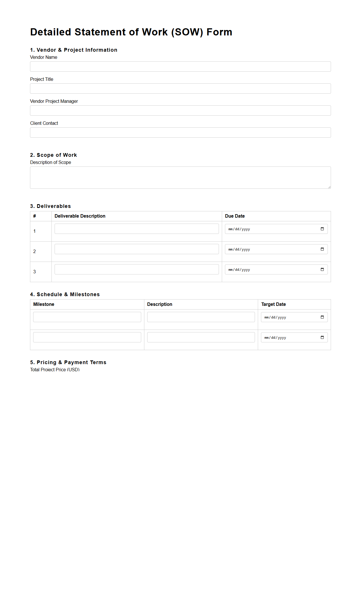 Detailed Statement of Work Form for Vendors