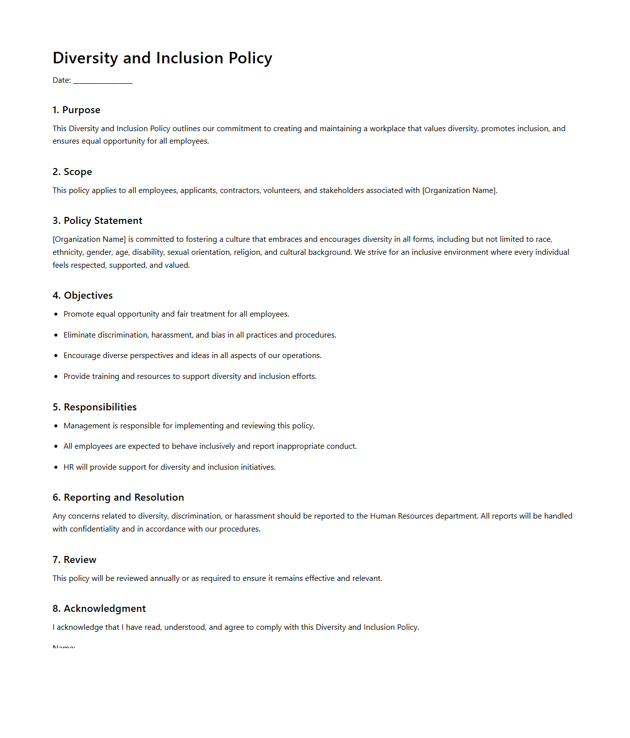 Diversity and Inclusion Policy Draft Template