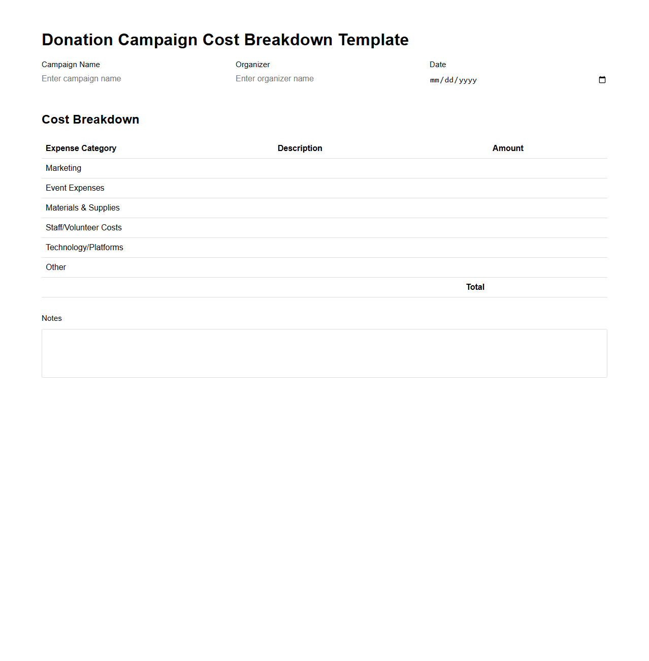 Donation Campaign Cost Breakdown Template