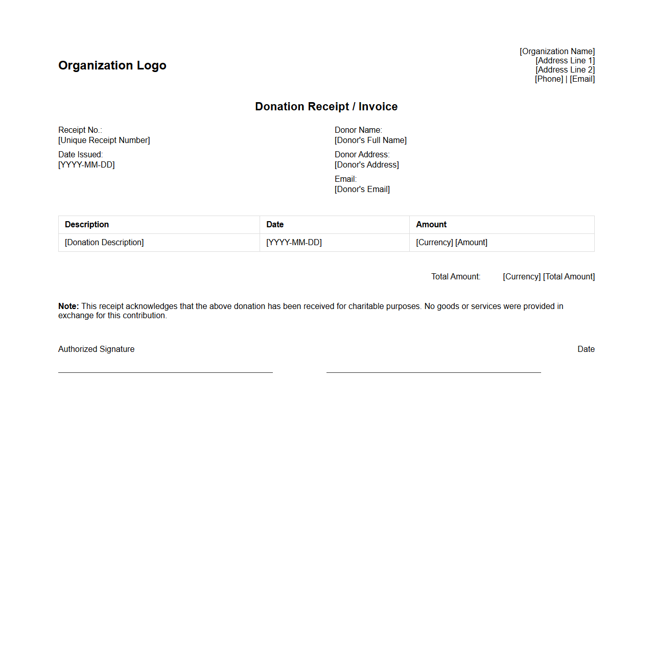 Donation Receipt Invoice Template