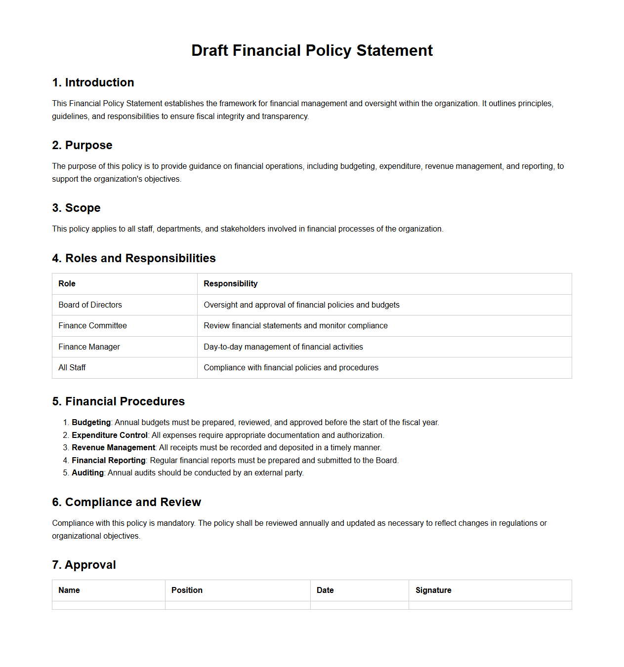 Draft Financial Policy Statement Format