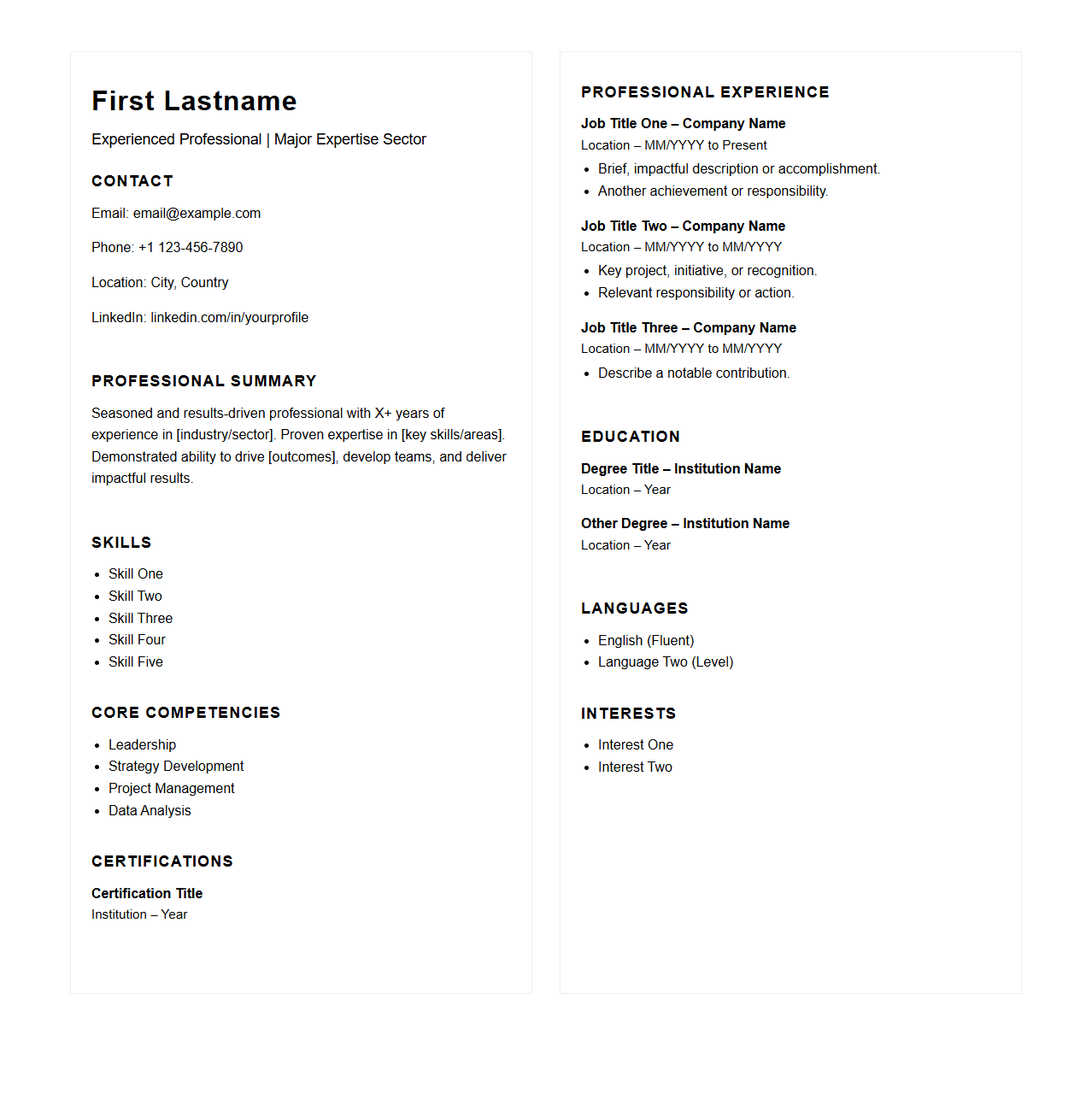 Dual-Page CV Layout for Experienced Candidates