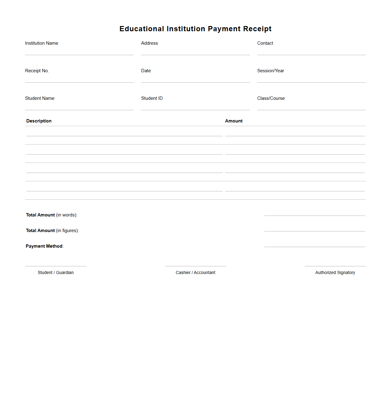 Educational Institution Payment Receipt Sheet
