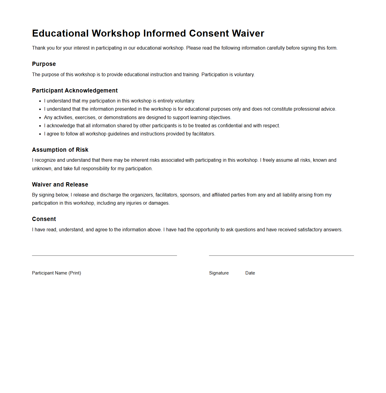 Educational Workshop Informed Consent Waiver