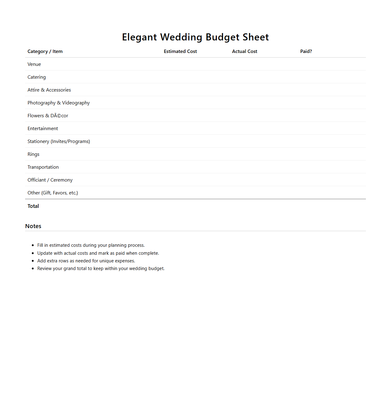 Elegant Wedding Budget Sheet for Couples