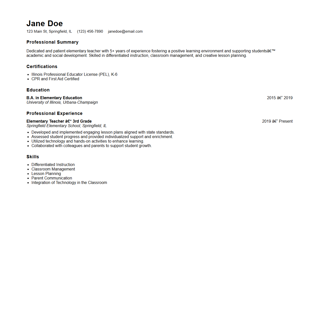 Elementary Teacher Resume Sample