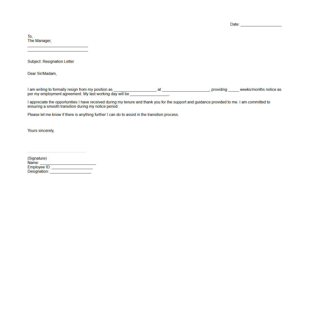 Employee Blank Notice Period Resignation Letter Example