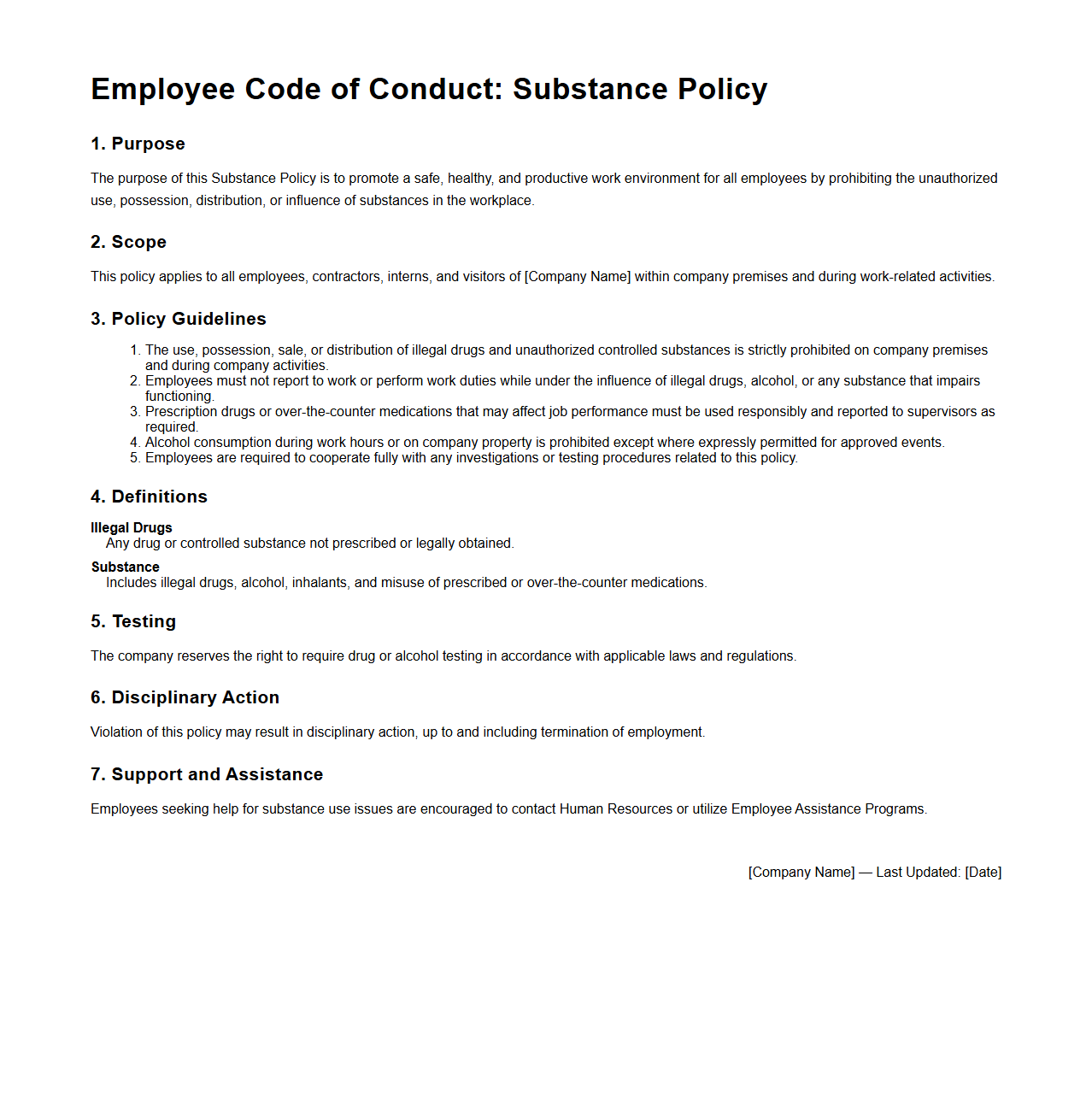 Employee Code of Conduct: Substance Policy Format