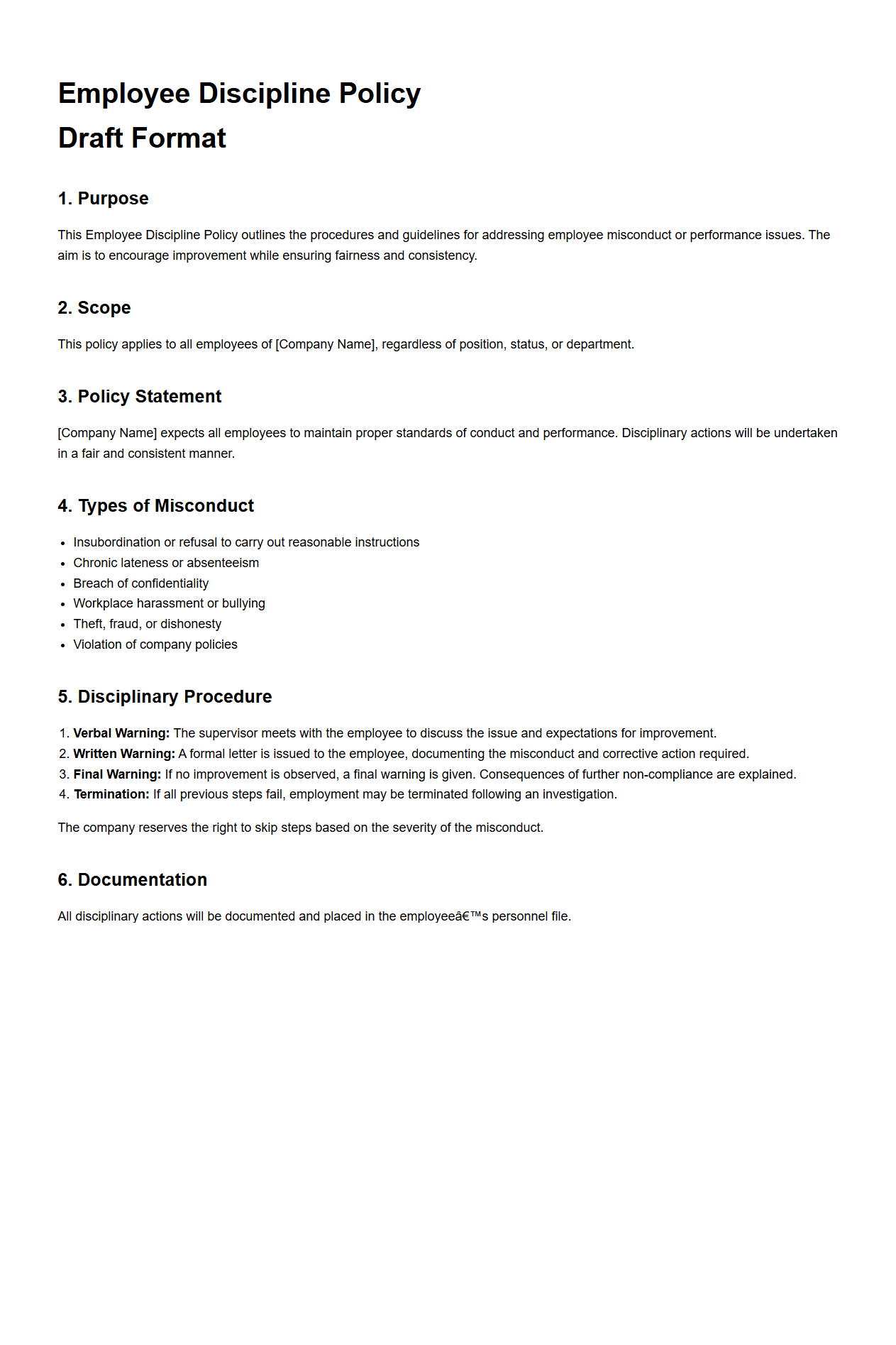 Employee Discipline Policy Draft Format
