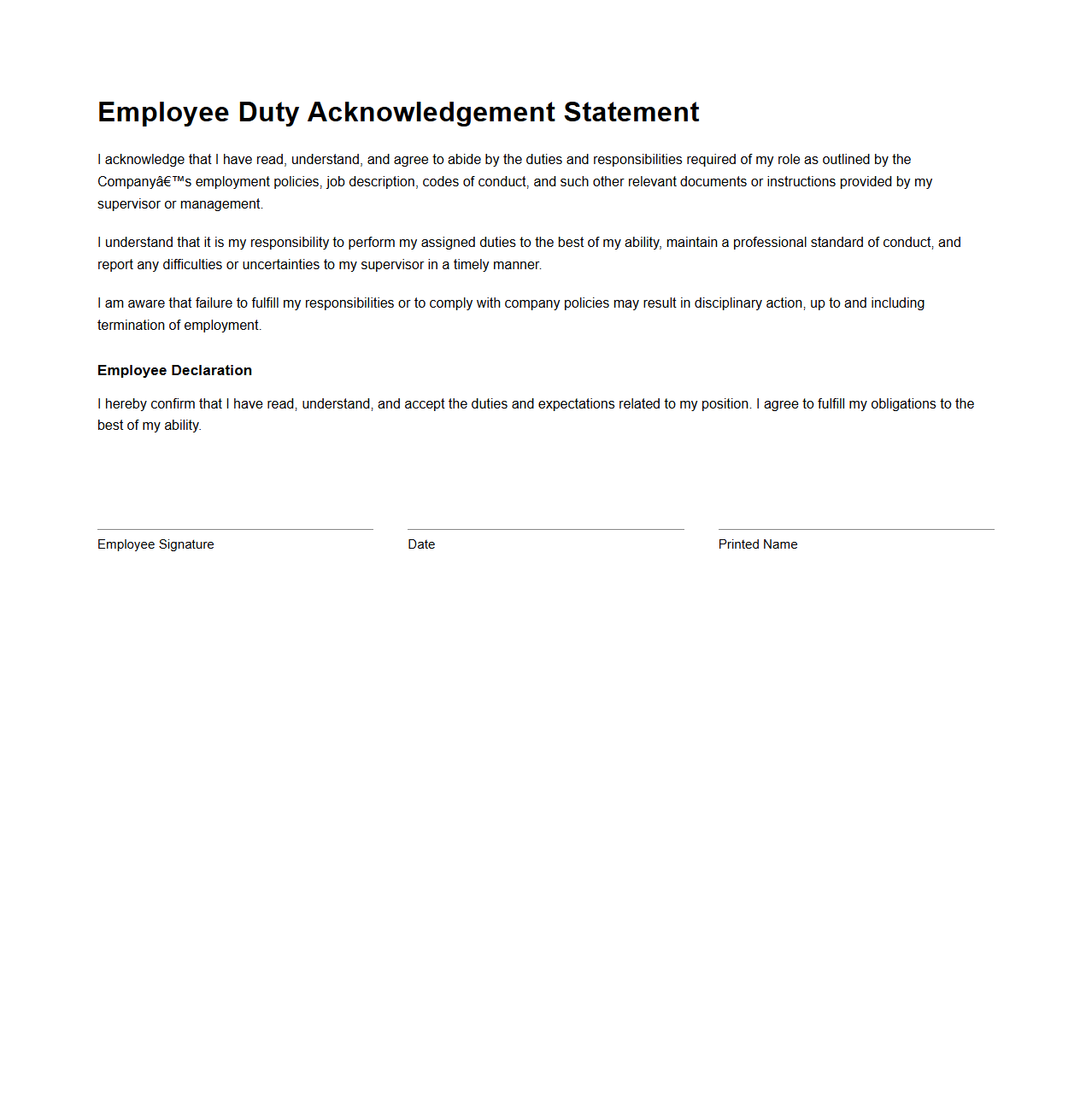 Employee Duty Acknowledgement Statement