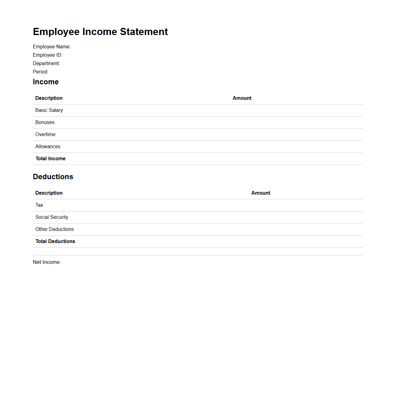 Employee Income Statement Sample