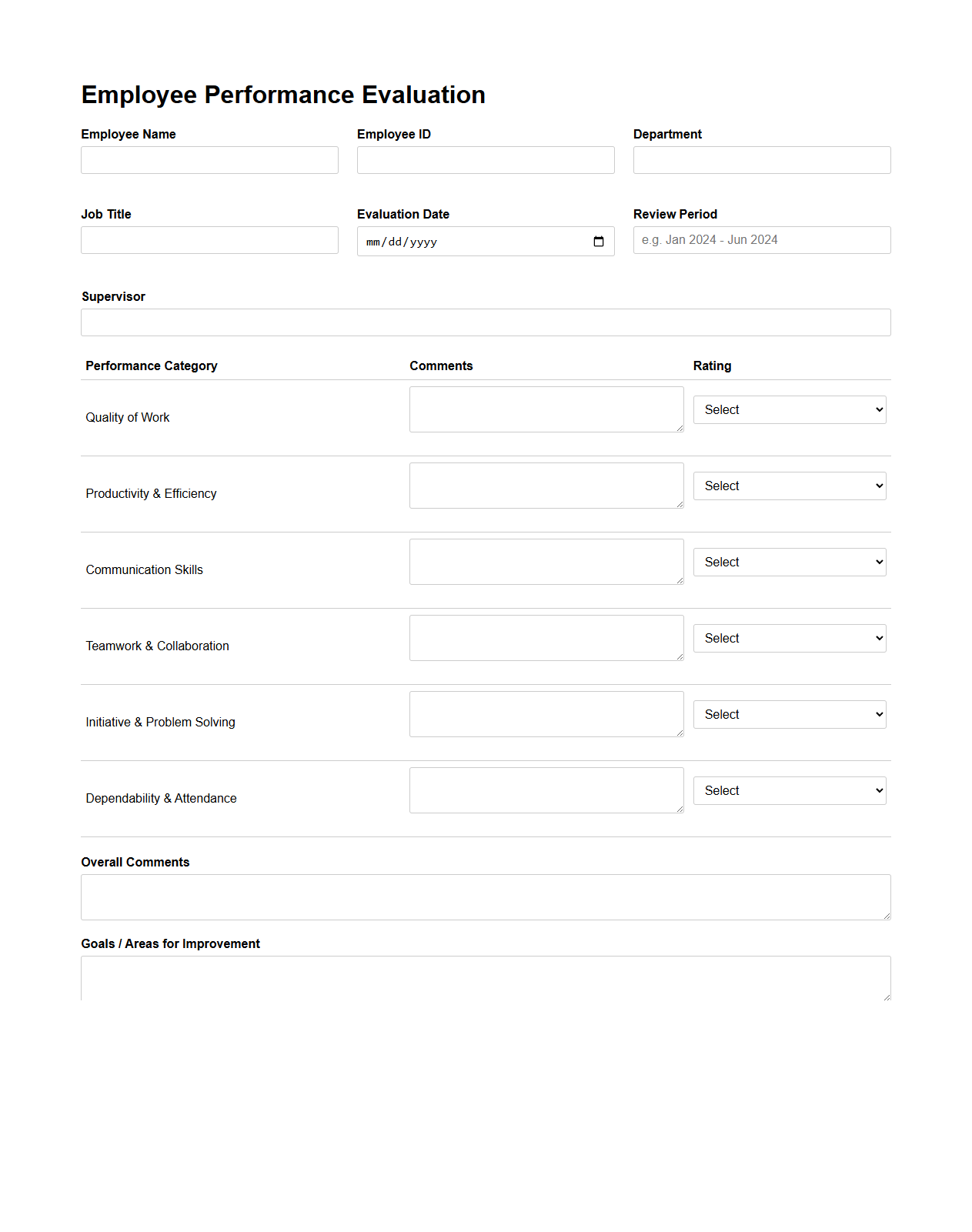 Employee Performance Evaluation Blank Form Template