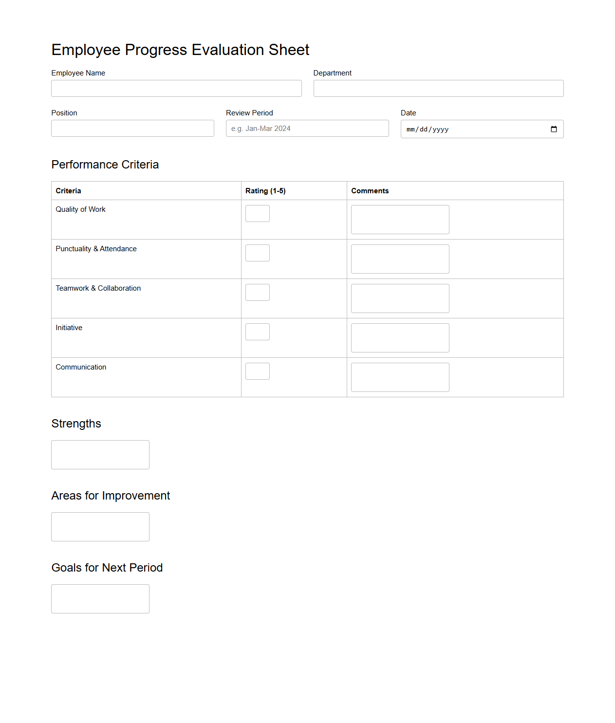 Employee Progress Evaluation Sheet
