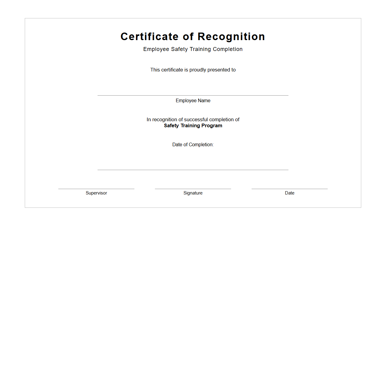 Employee Safety Training Recognition Certificate