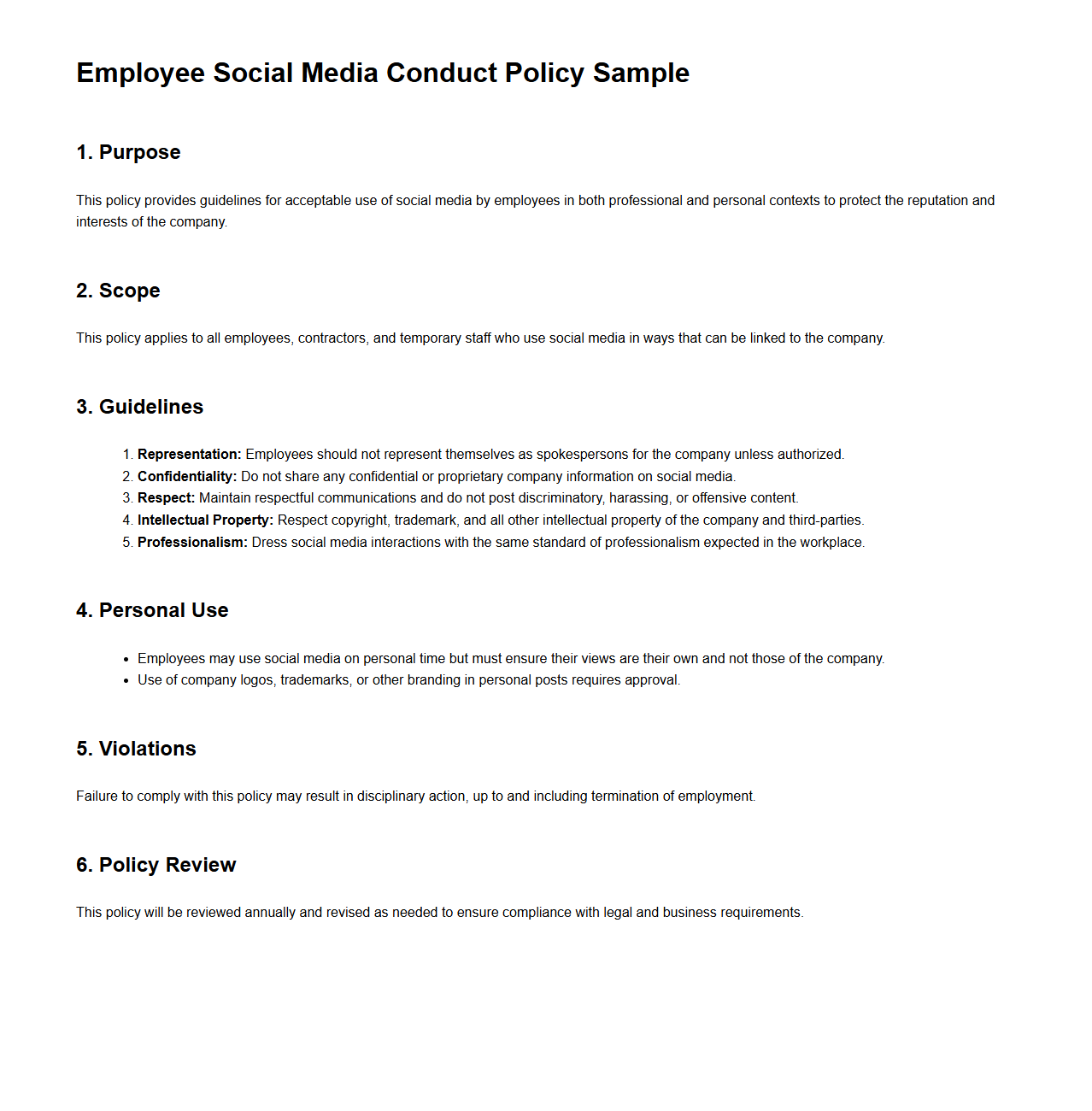 Employee Social Media Conduct Policy Sample