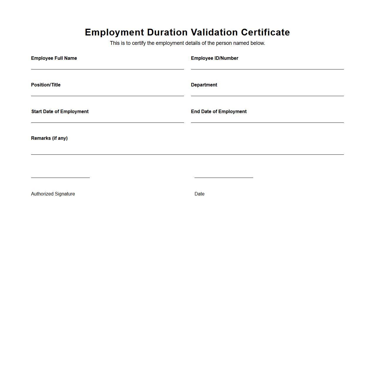 Employment Duration Validation Certificate