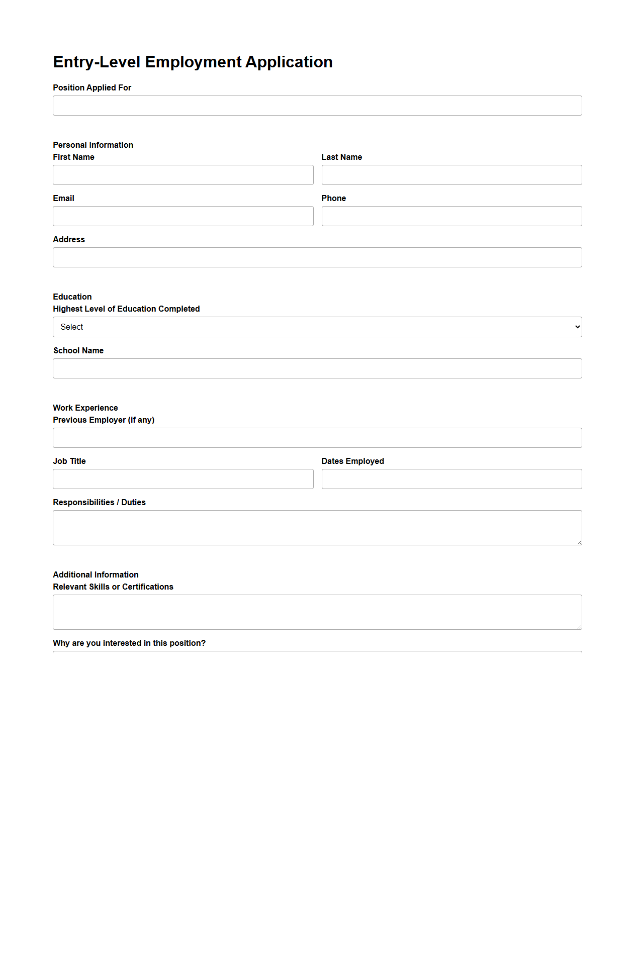 Entry-Level Employment Application Template