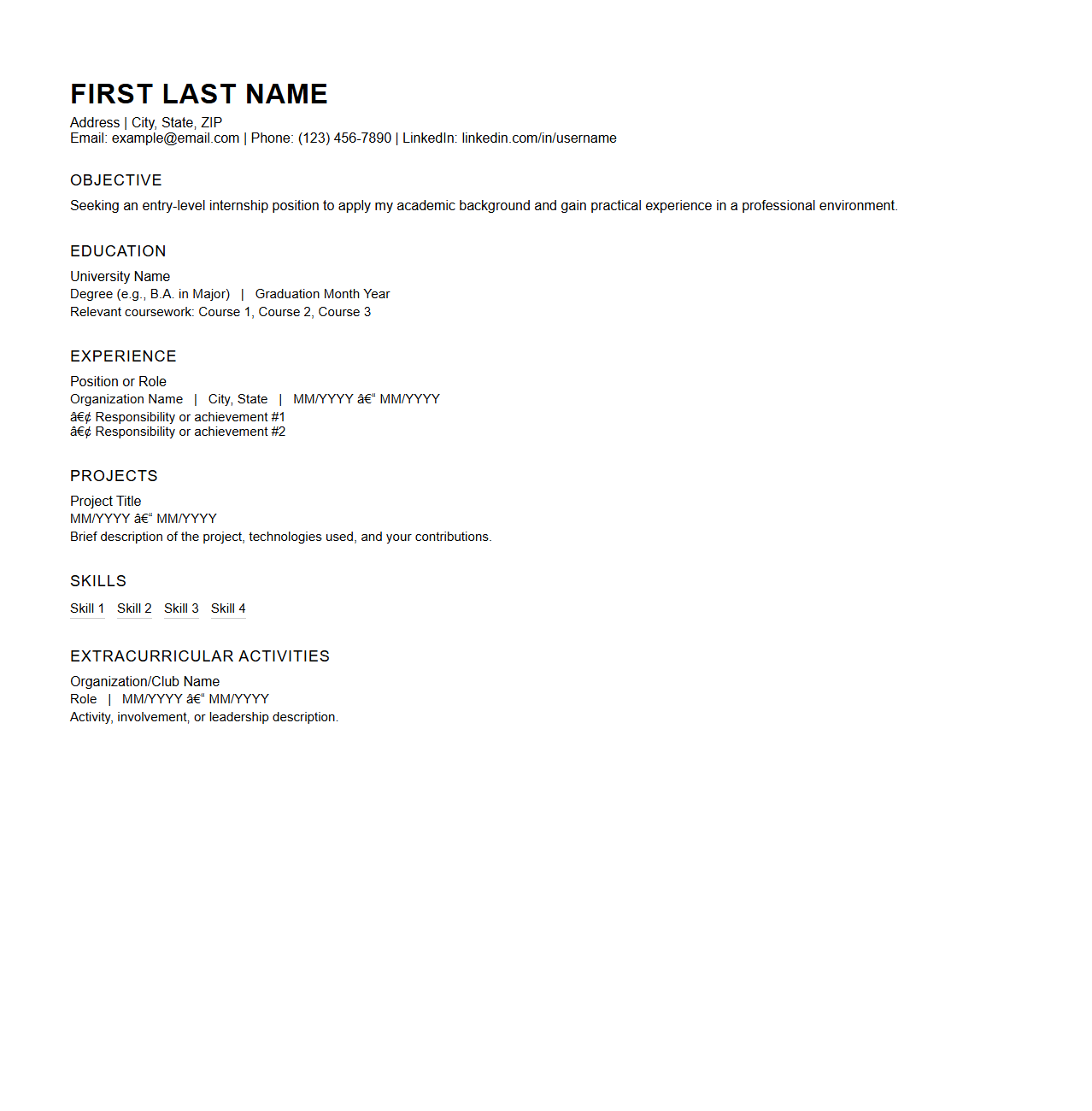 Entry-Level Internship Resume Blank Template