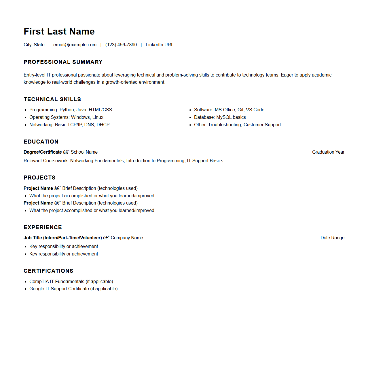 Entry-Level IT Resume Outline