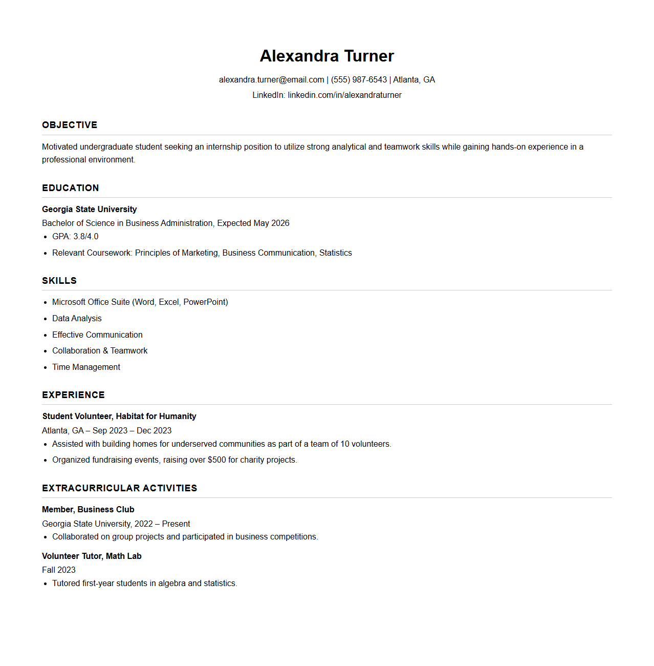 Entry-Level Resume Template for Student Intern Positions