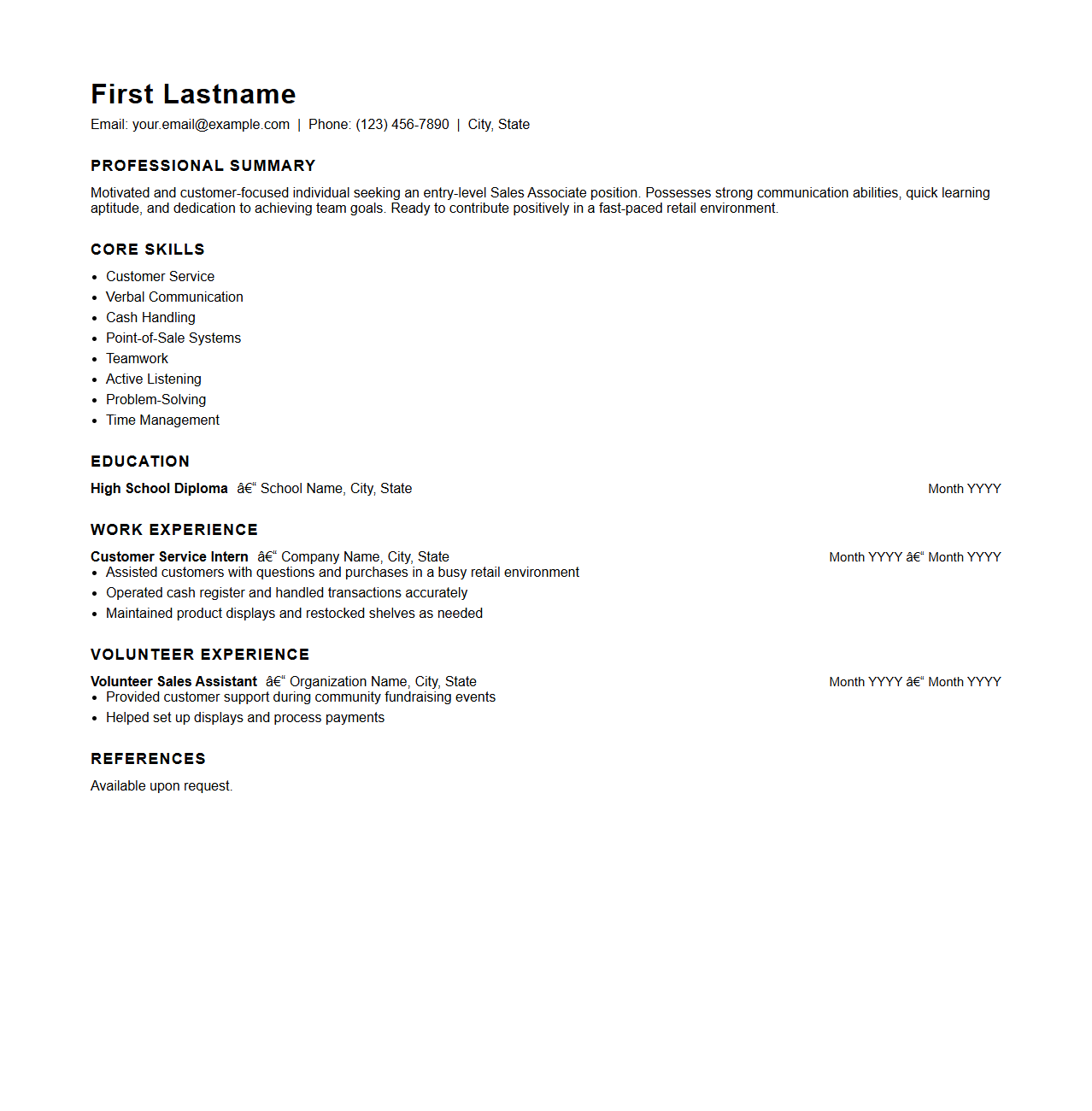 Entry-Level Sales Associate Resume Framework