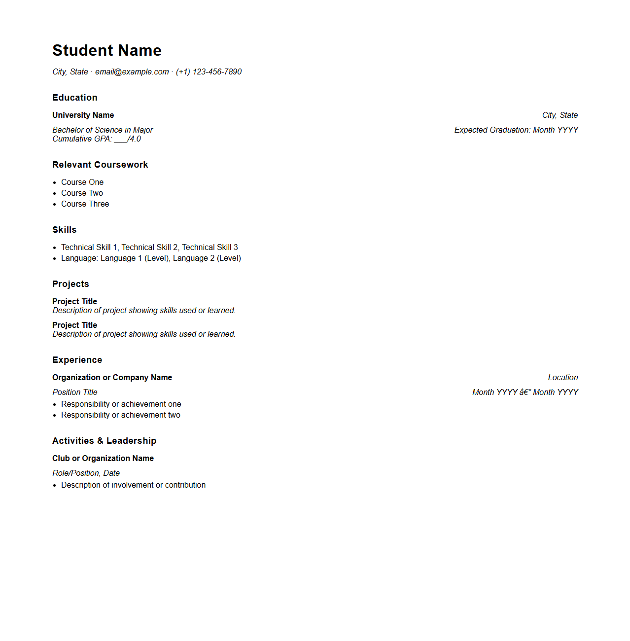 Entry-Level Student Internship Resume Outline
