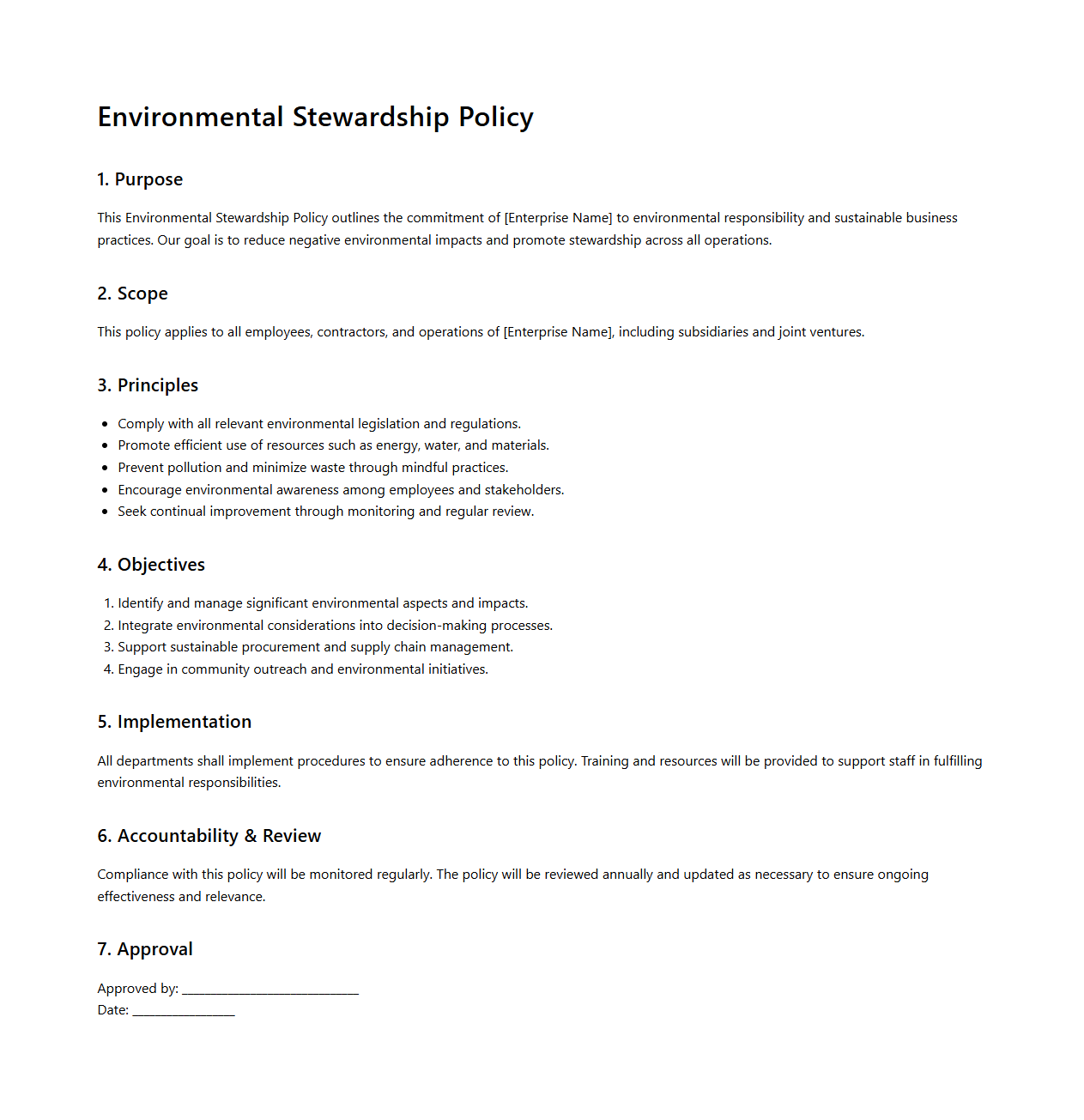 Environmental Stewardship Policy Template for Enterprises