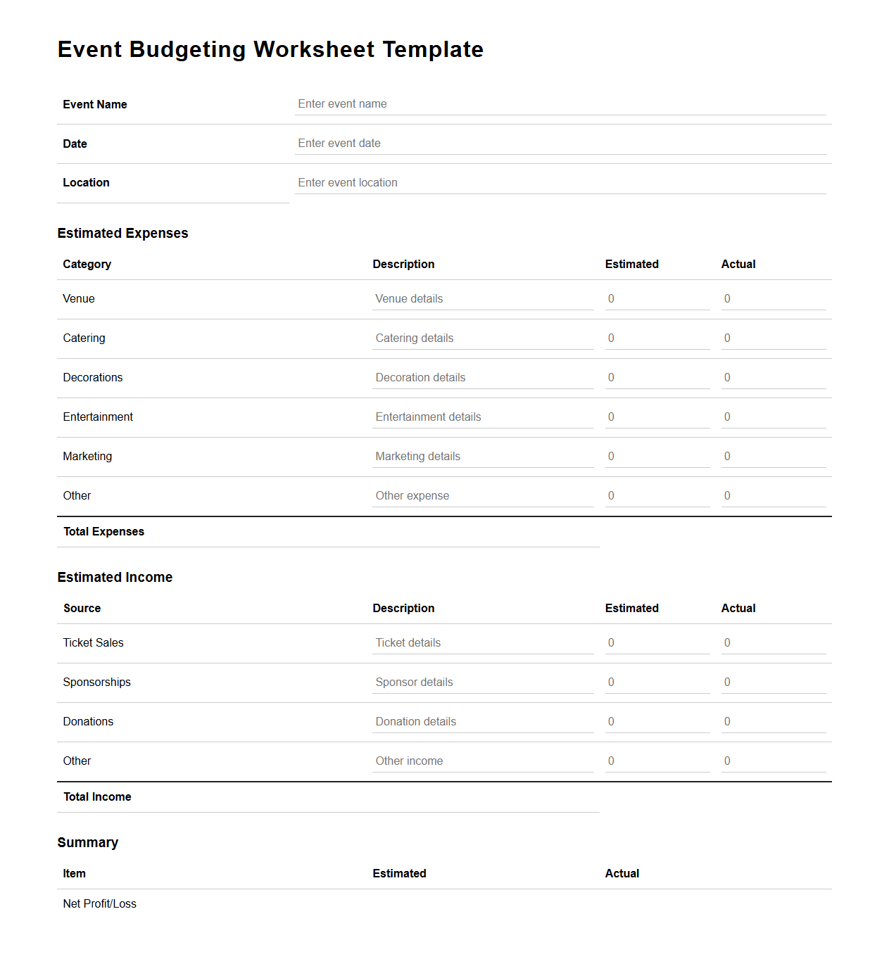 Event Budgeting Worksheet Template