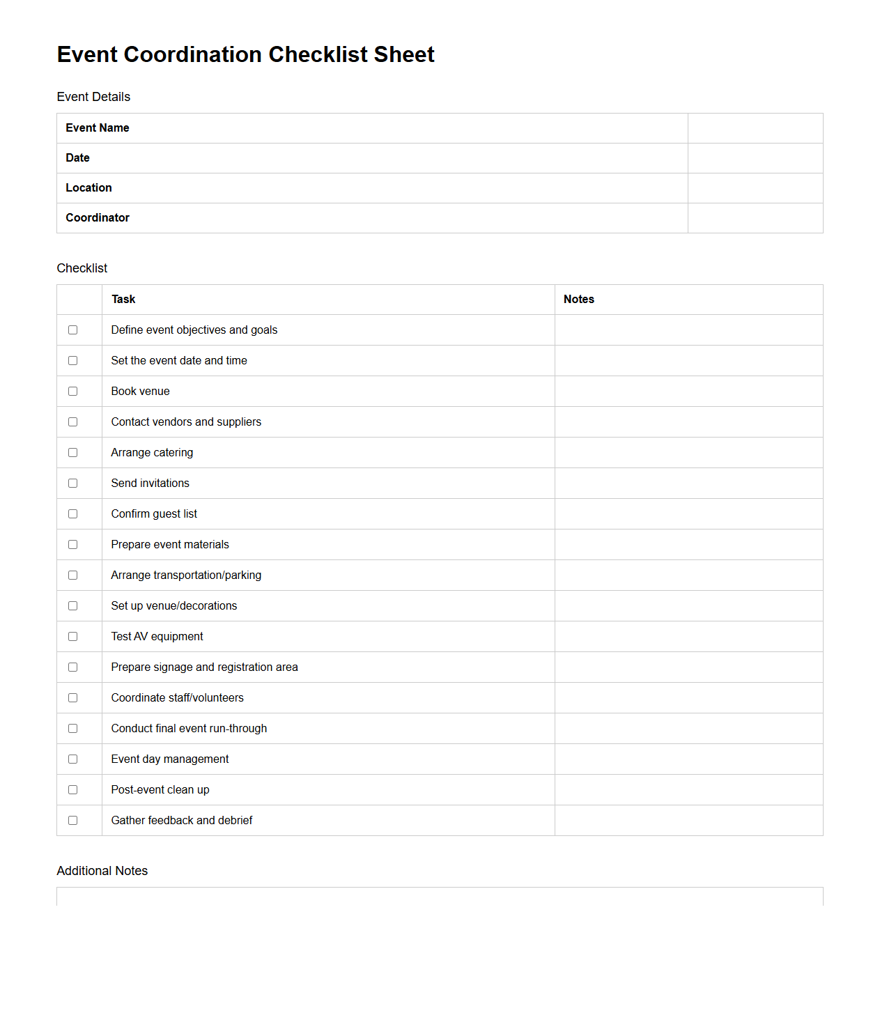 Event Coordination Blank Checklist Sheet