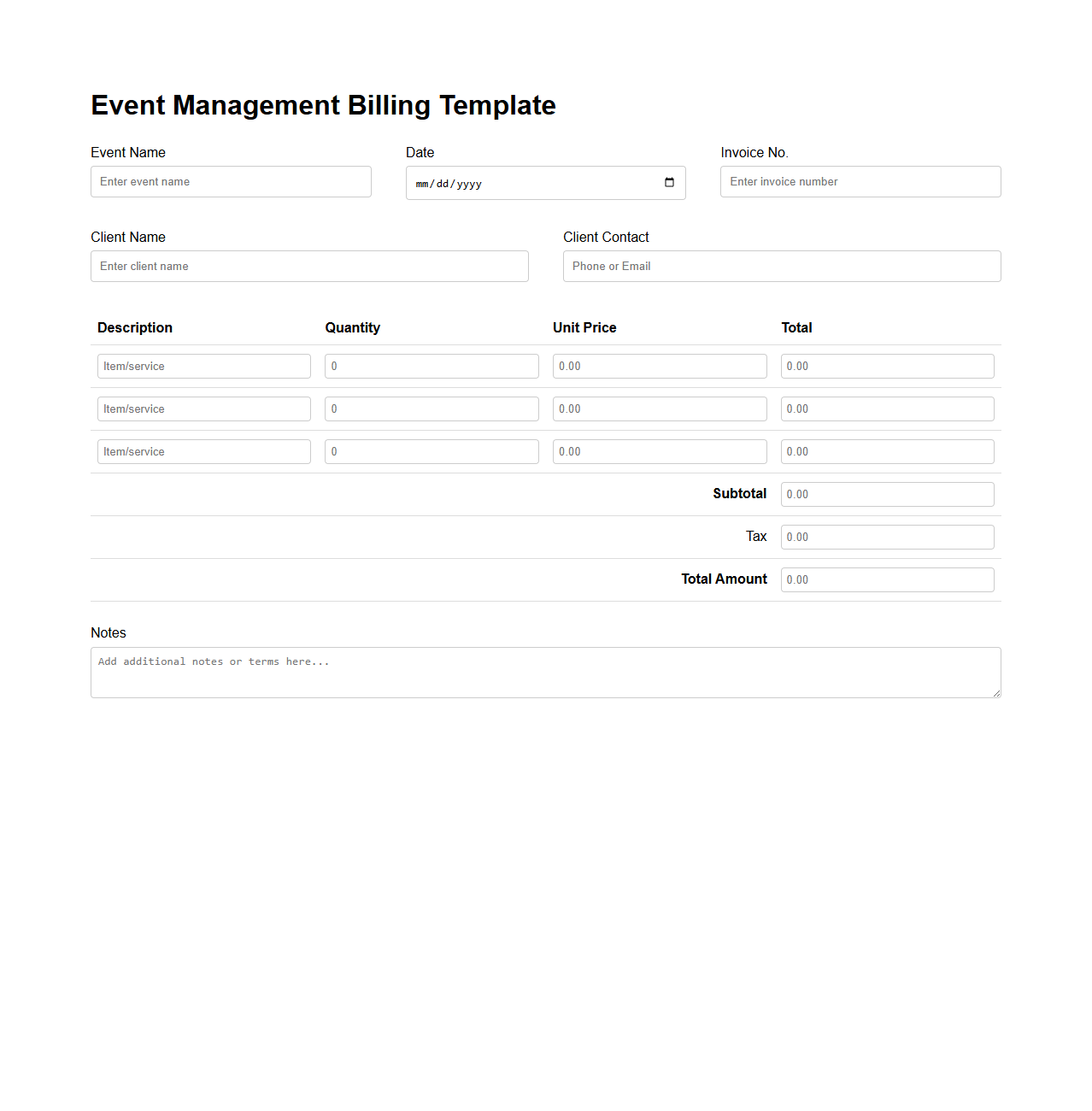 Event Management Billing Template