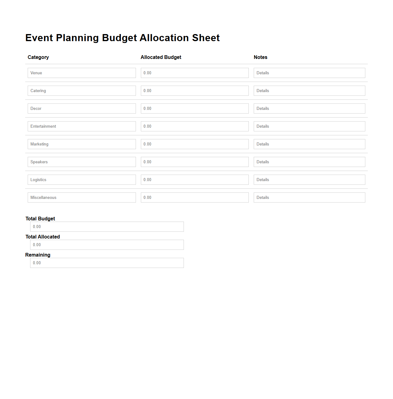 Event Planning Budget Allocation Sheet