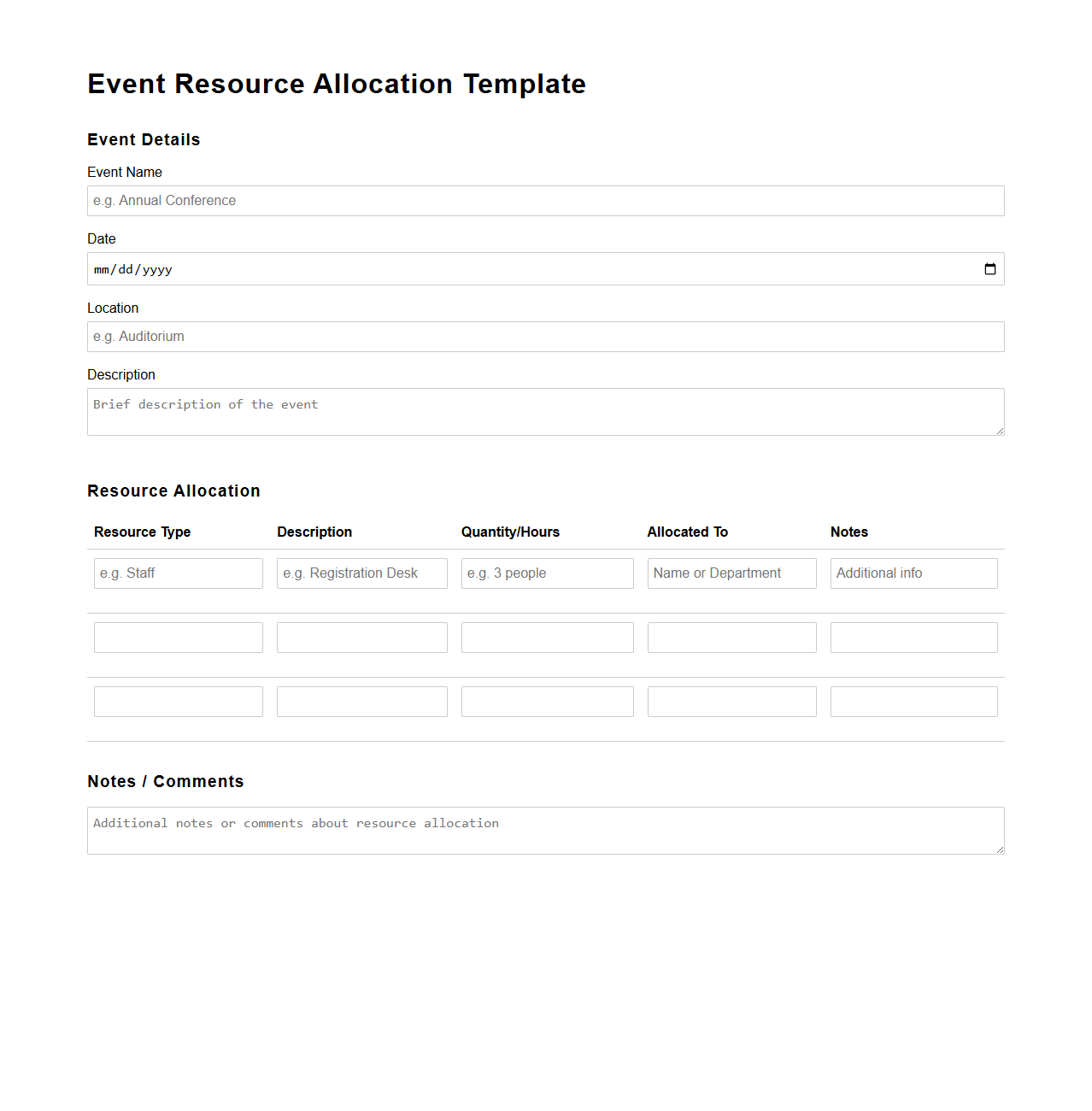 Event Resource Allocation Template