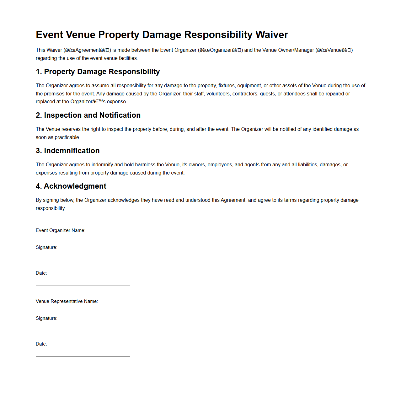 Event Venue Property Damage Responsibility Waiver
