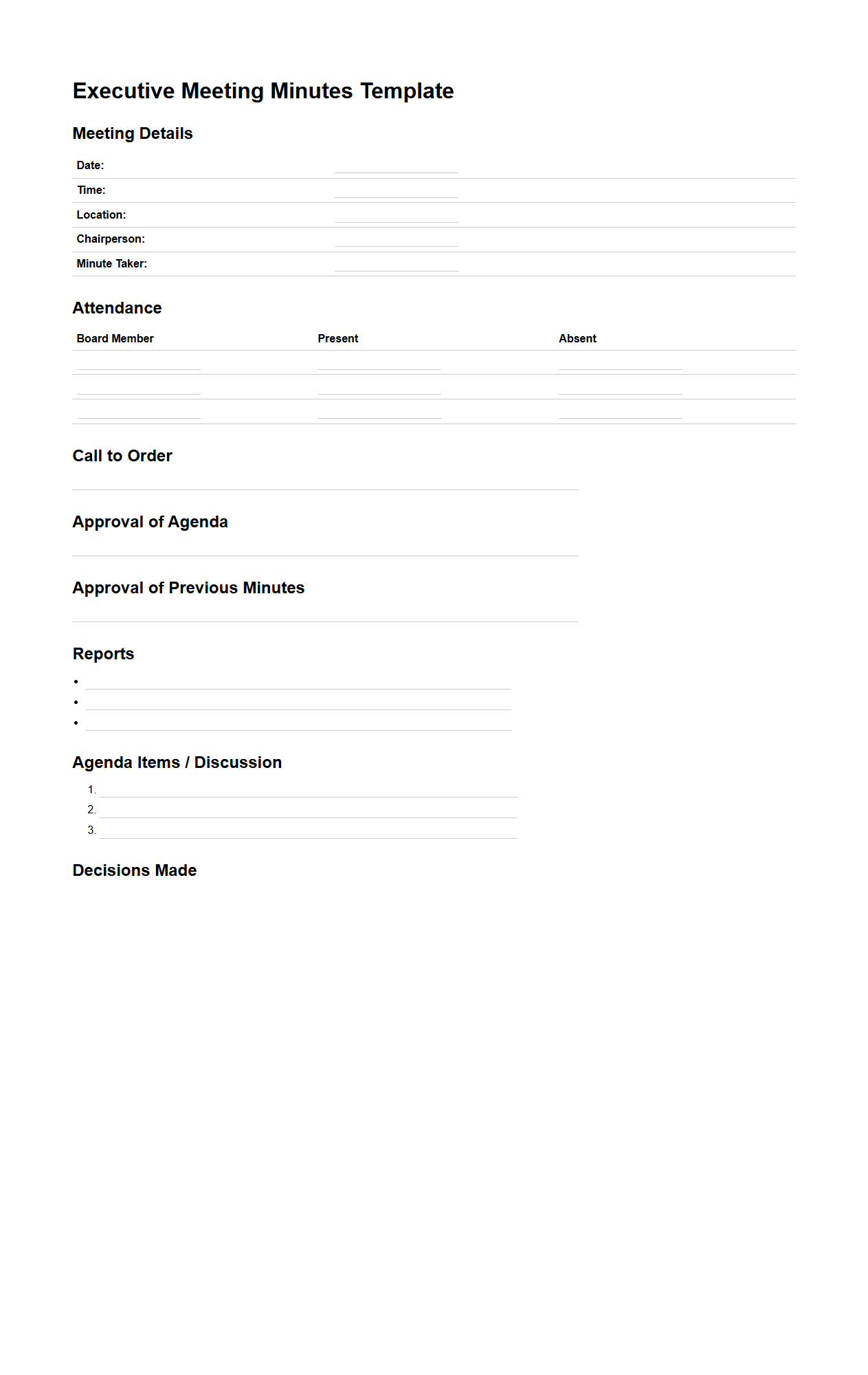 Executive Meeting Minutes Template for Boards