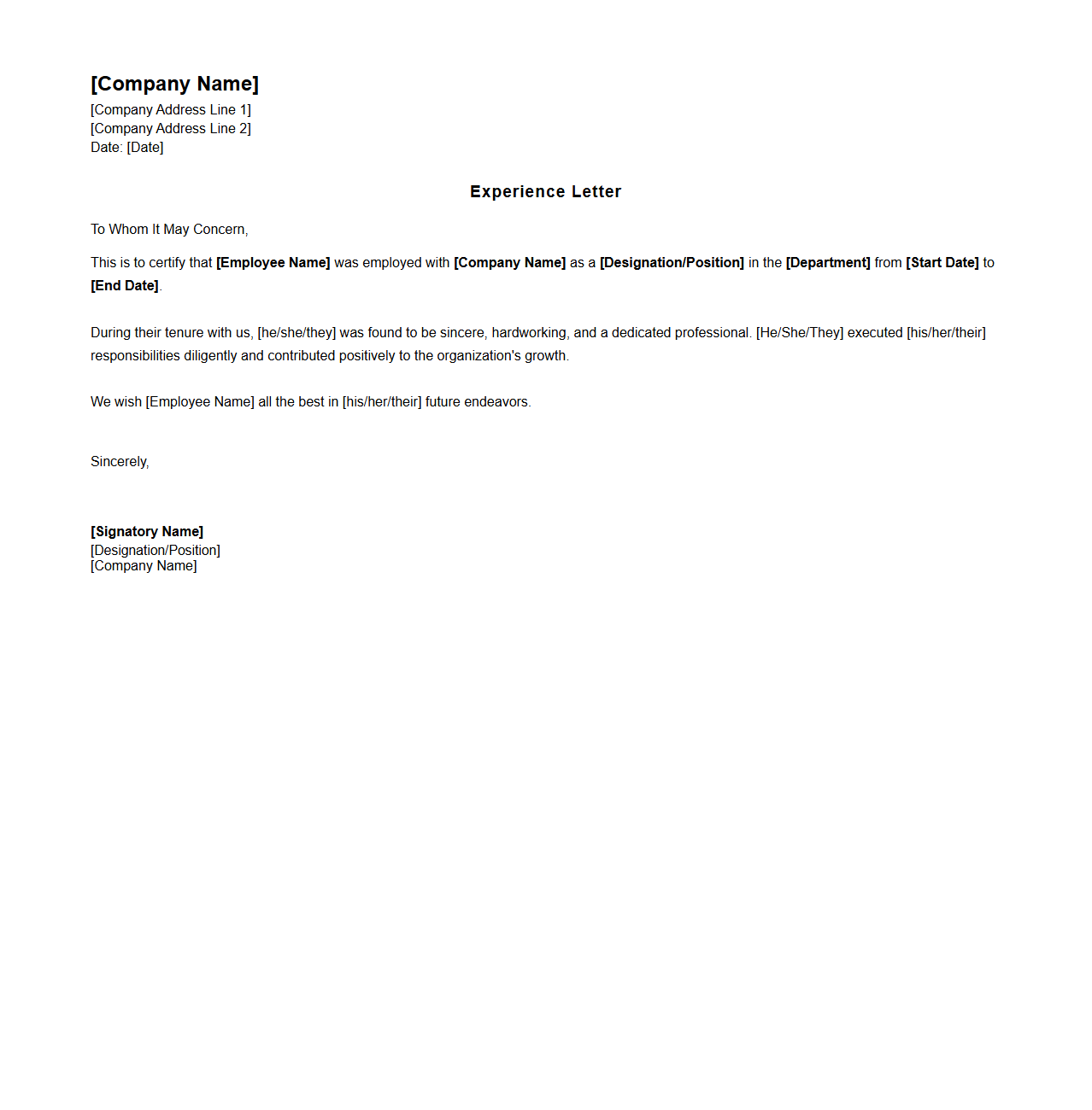 Experience Letter Template for Staff Members