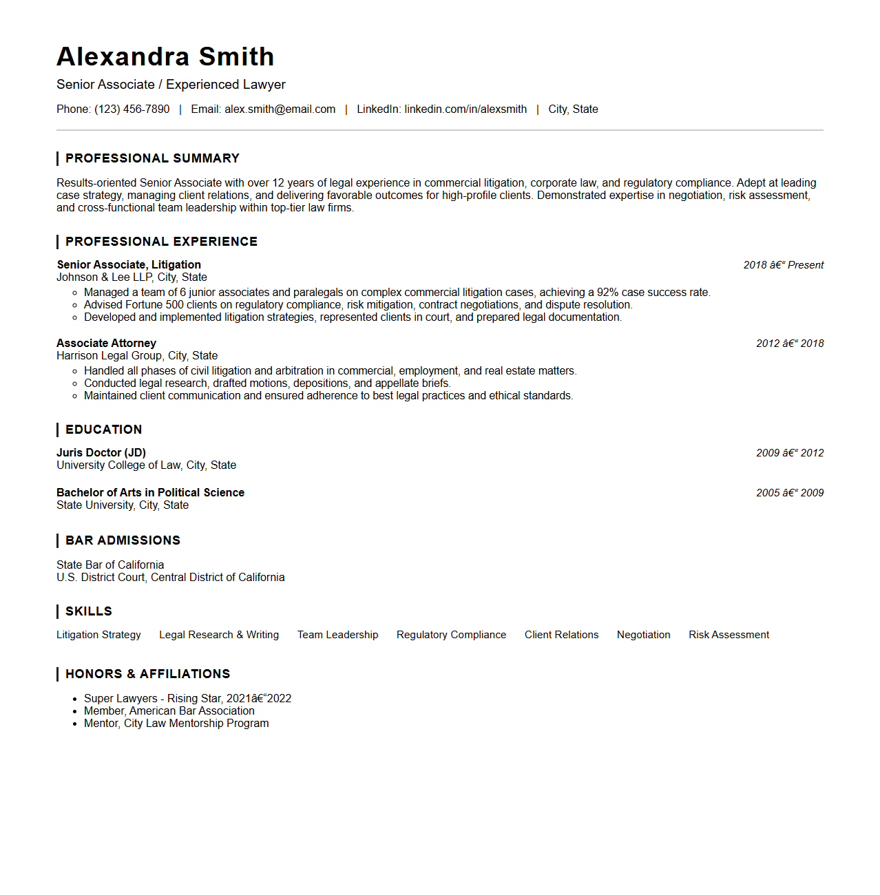 Experienced Lawyer Resume Template for Senior Associates