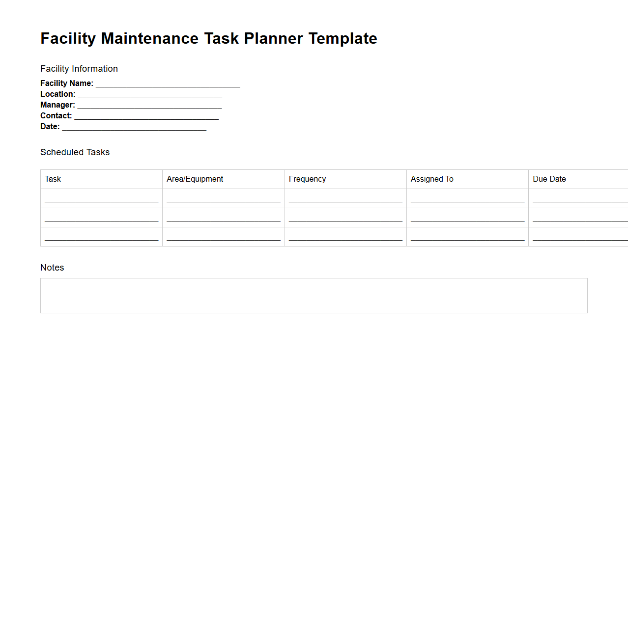 Facility Maintenance Task Planner Template