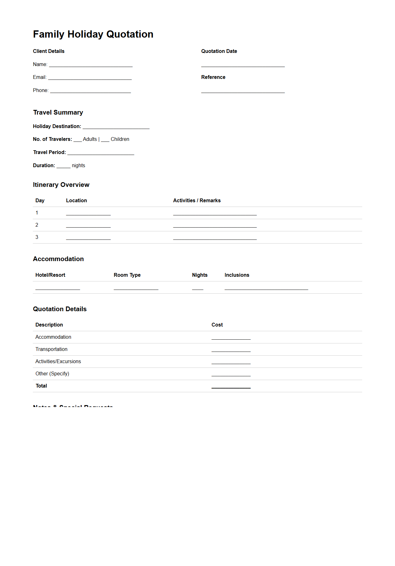 Family Holiday Quotation Template for Personalized Itineraries