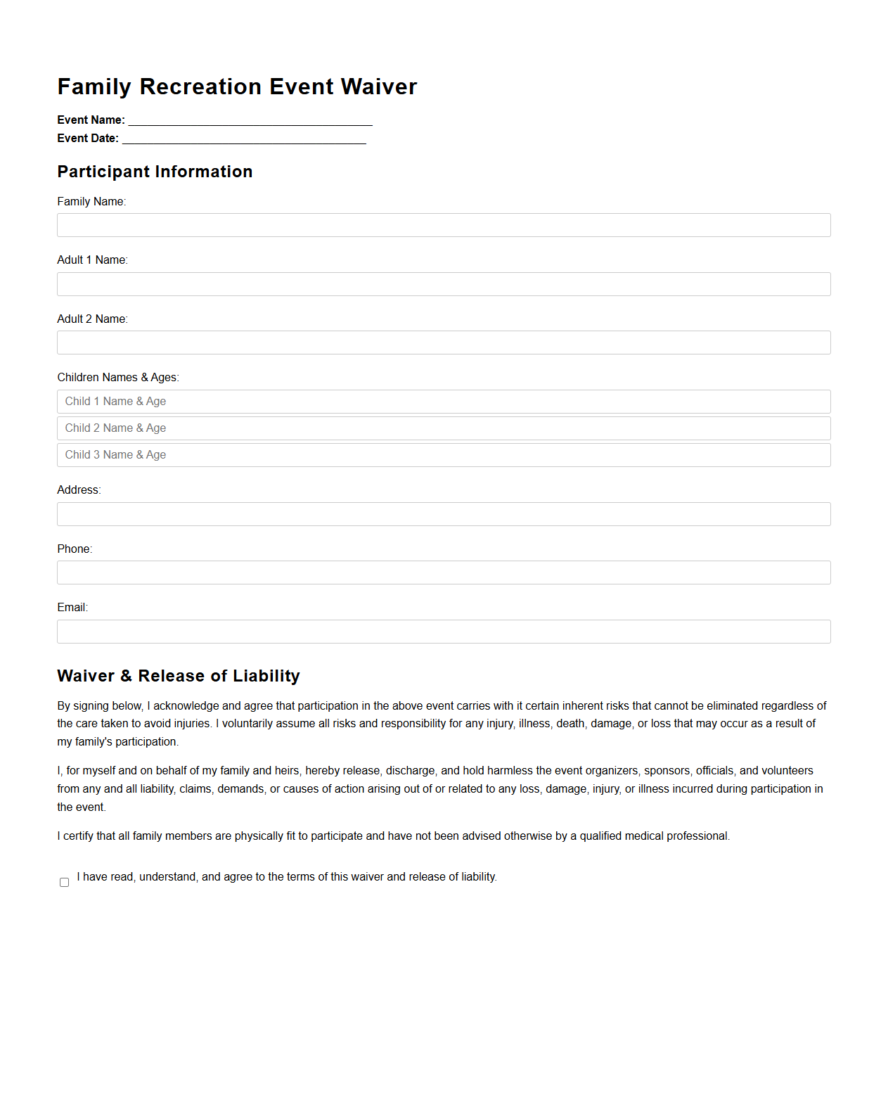 Family Recreation Event Waiver Template