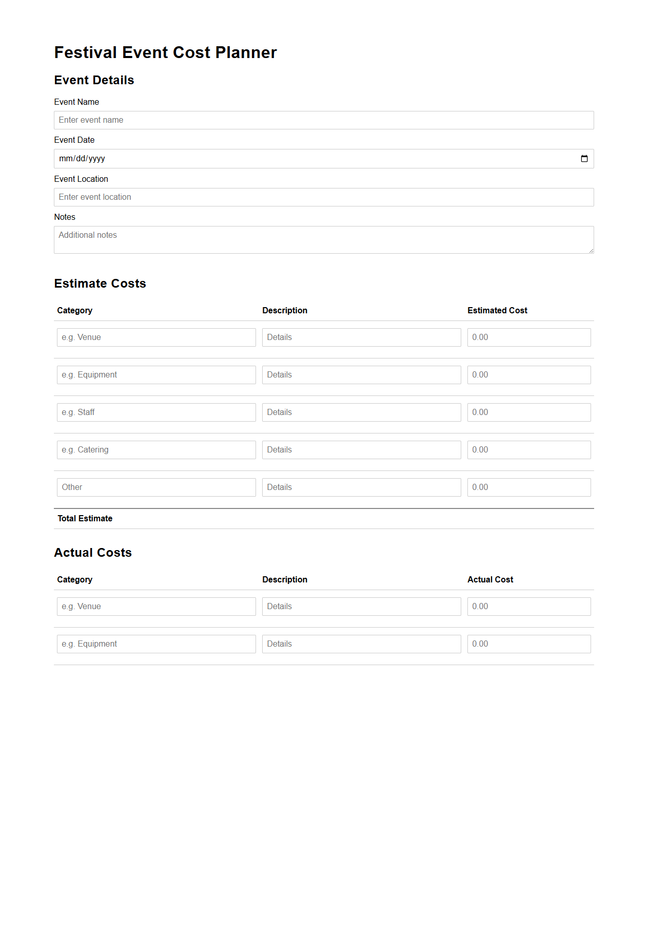 Festival Event Cost Planner Template