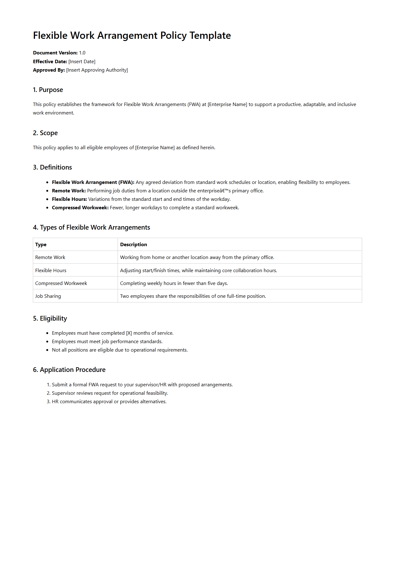 Flexible Work Arrangement Policy Template for Enterprises