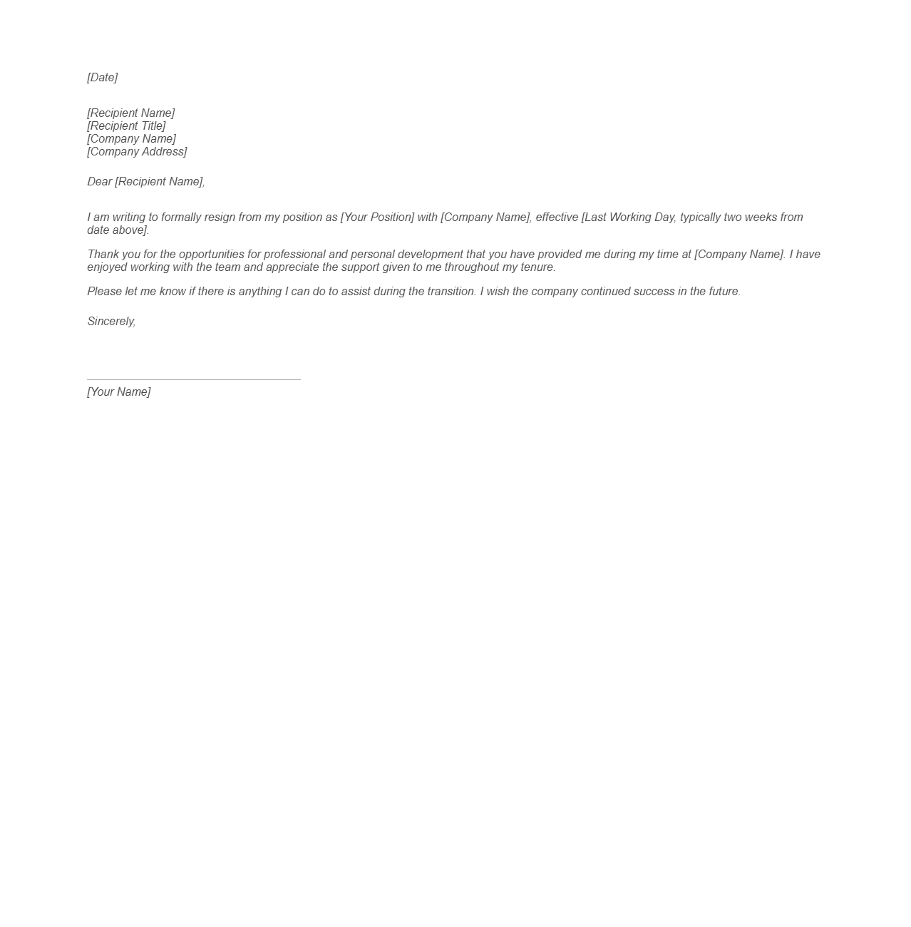 Formal Blank Resignation Letter Outline