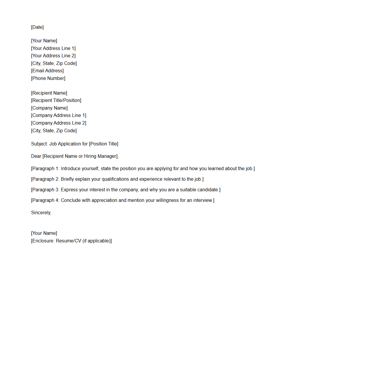 Formal Job Application Letter Skeleton