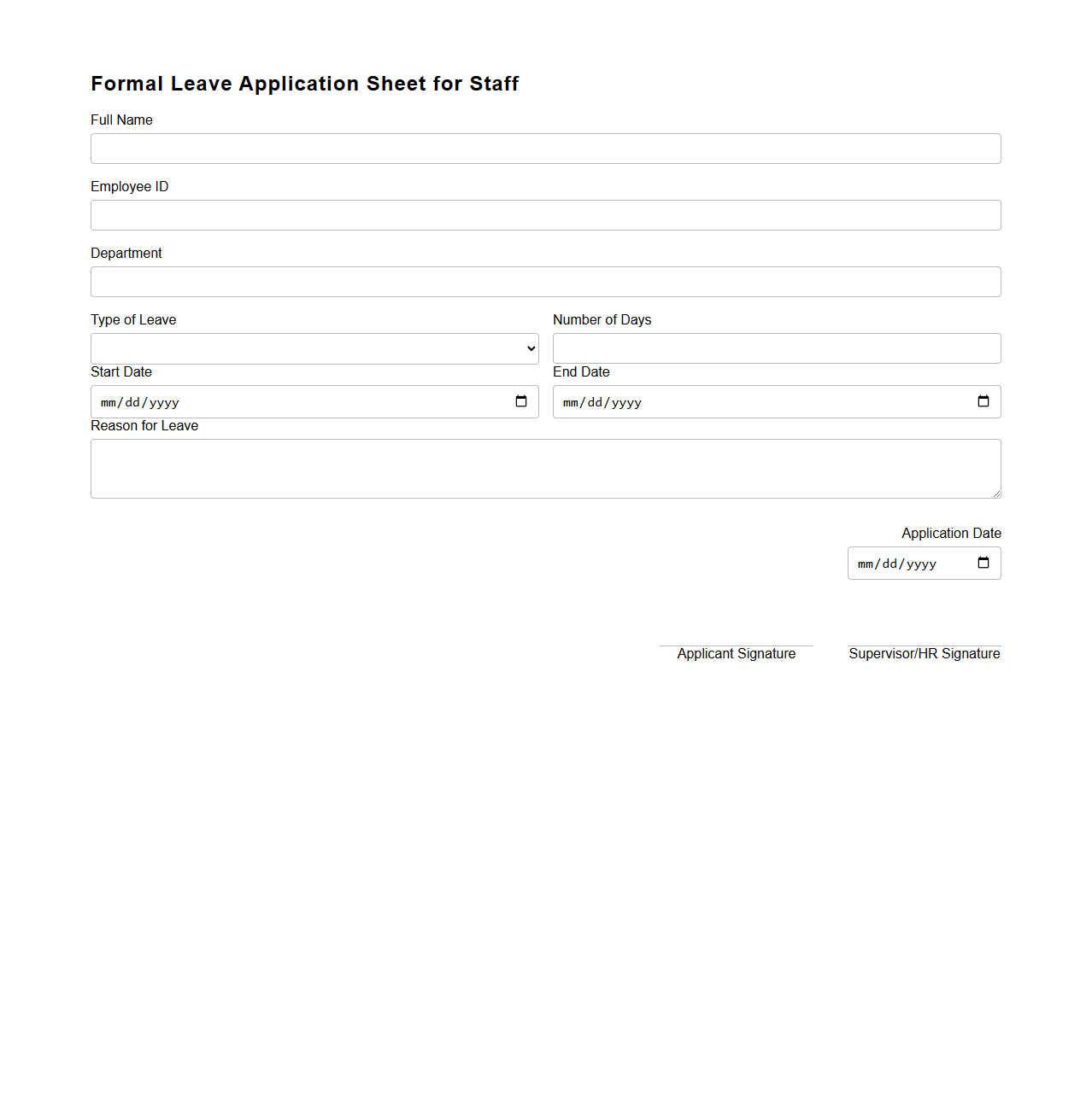 Formal Leave Application Sheet for Staff