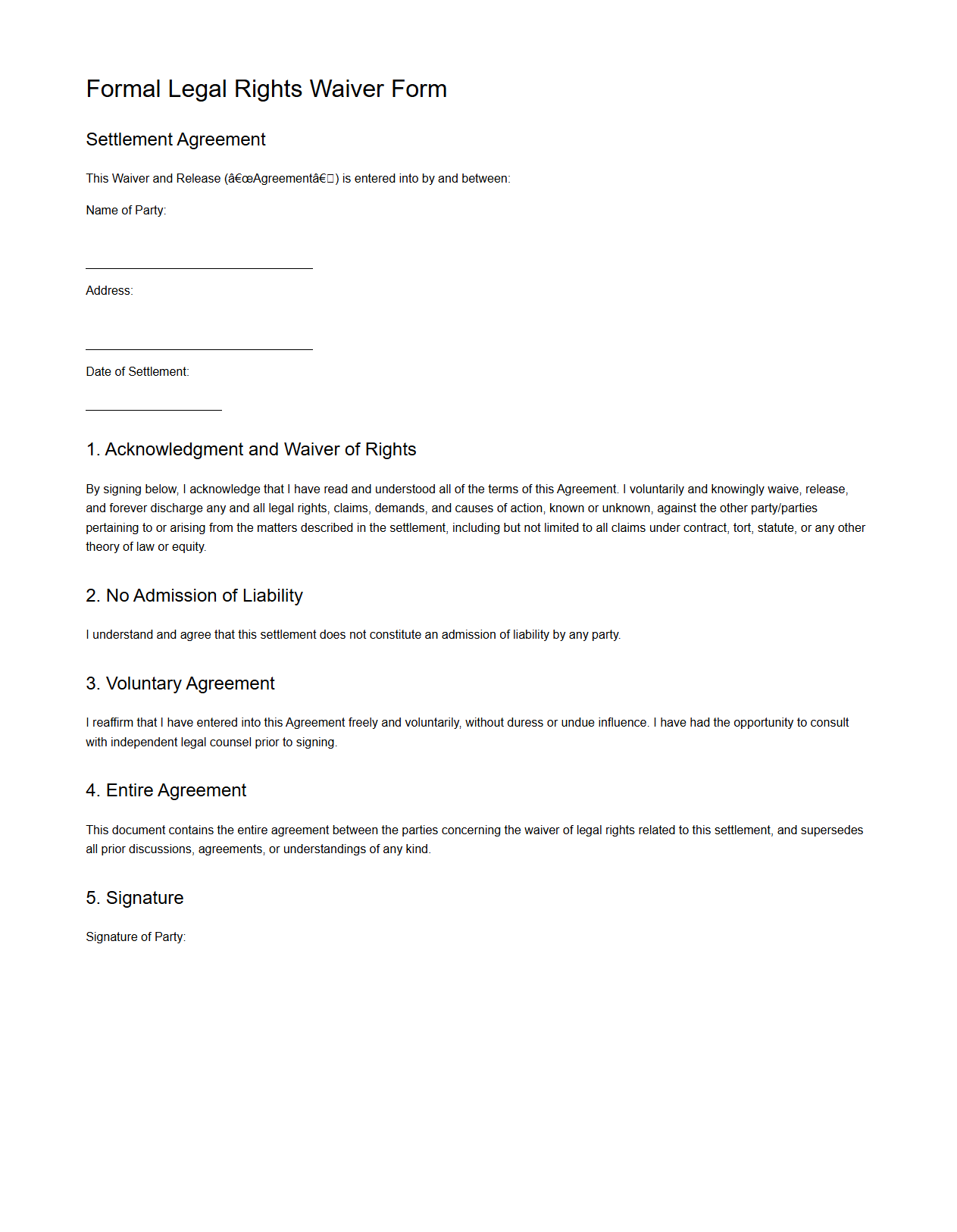 Formal Legal Rights Waiver Form for Settlements