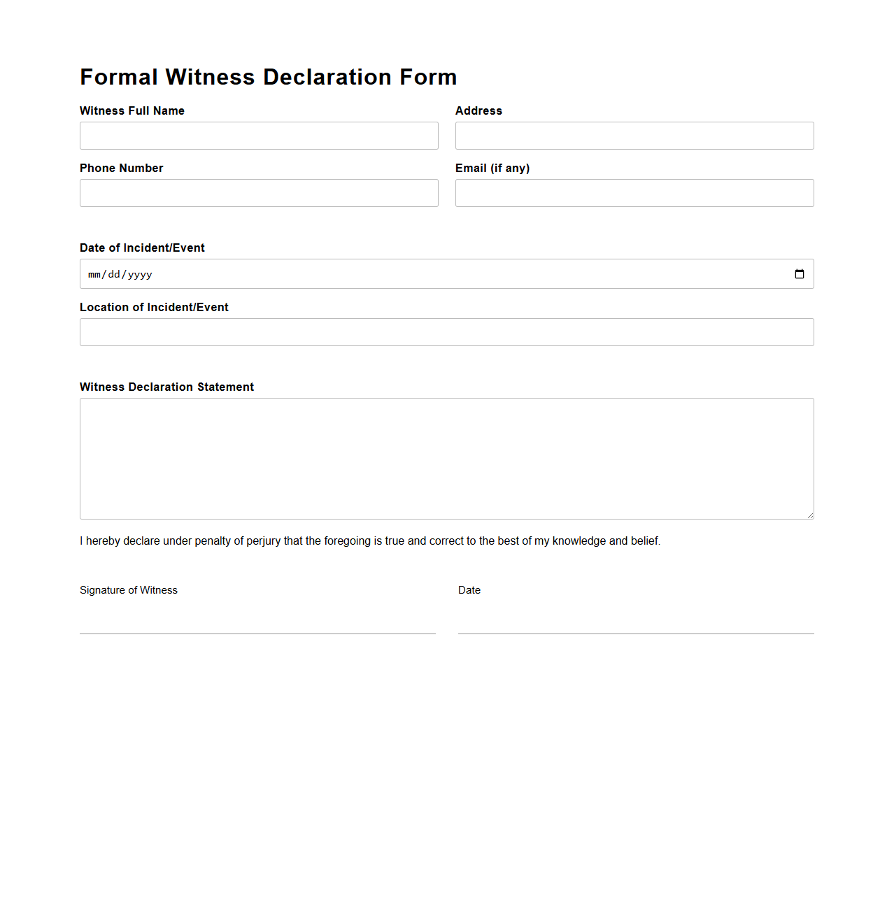 Formal Witness Declaration Form for Legal Records