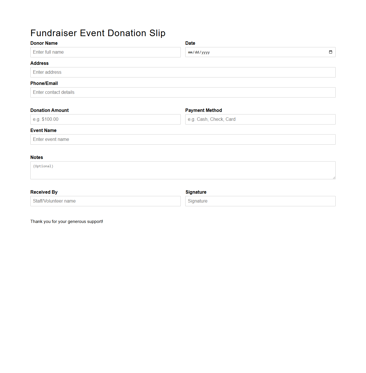 Fundraiser Event Donation Slip Template