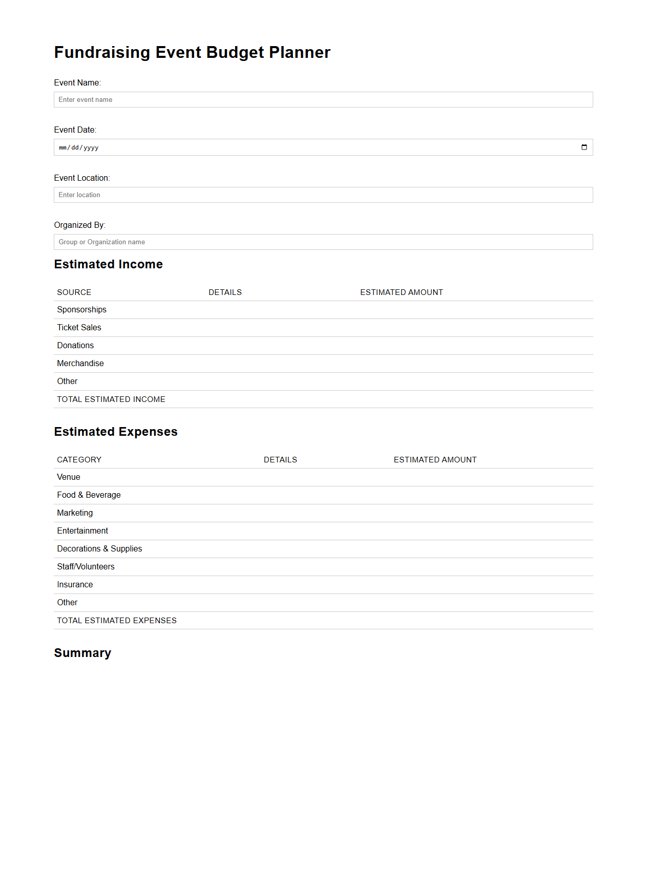 Fundraising Event Budget Planner for Charitable Groups