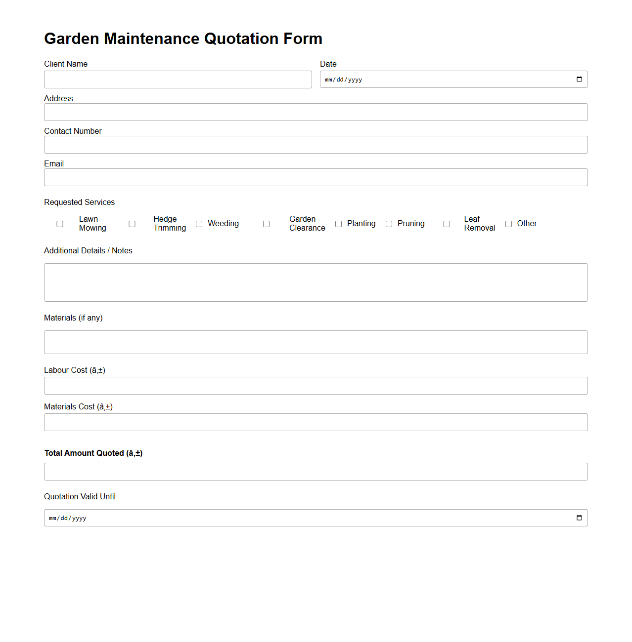 Garden Maintenance Quotation Form